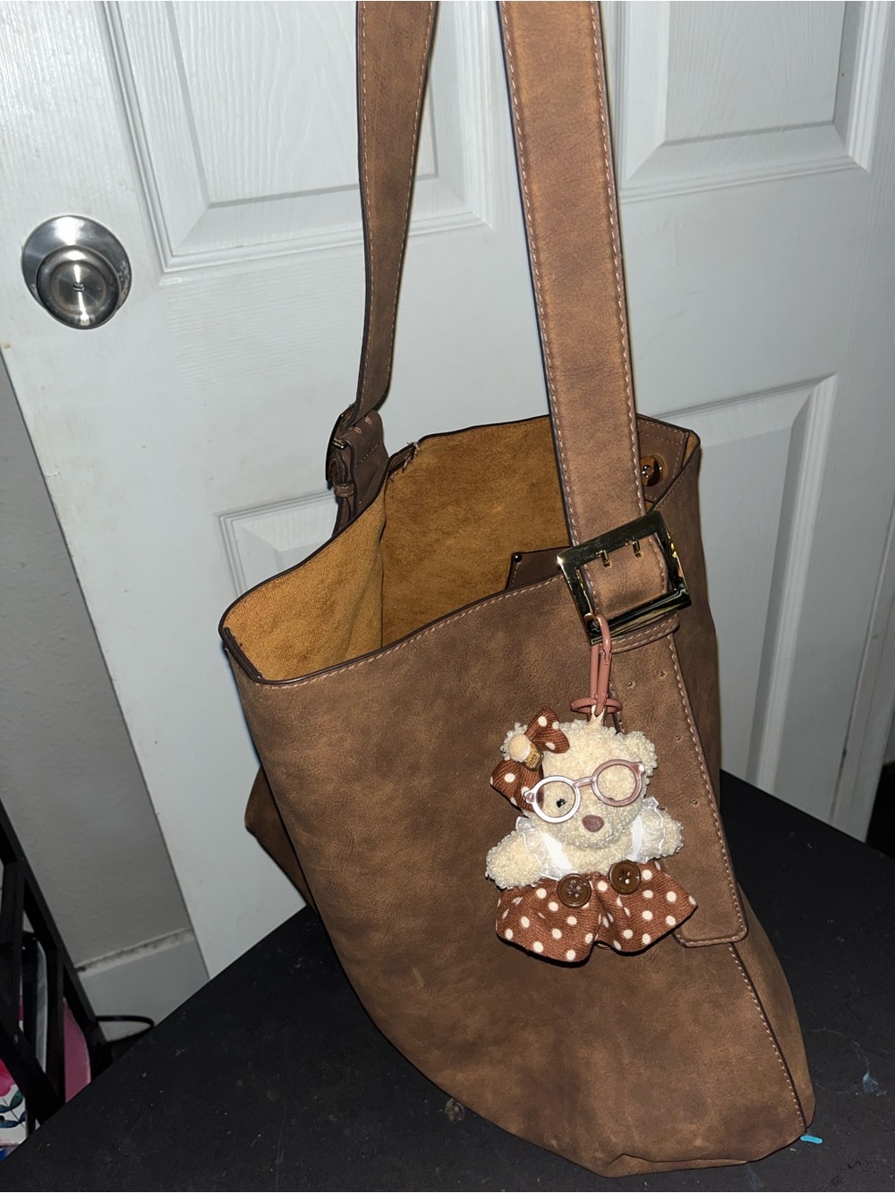 Universal Thread Brown Faux-Leather Shoulder Bag with Bear Charm